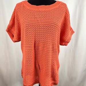 Blair Coral Orange Knit Sweater Large Short Sleeve Lightweight Spring Top